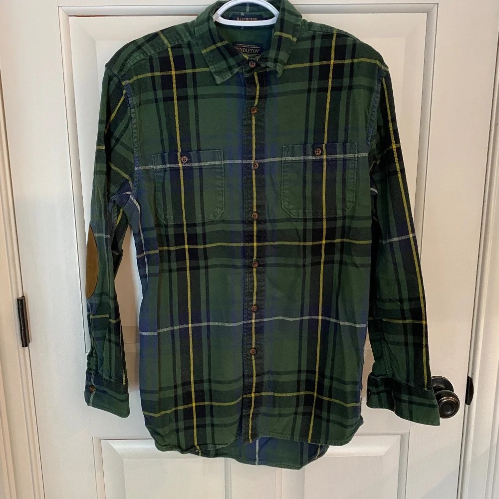 Pendleton Wool Flannel plaid button down Shirt green blue 33651